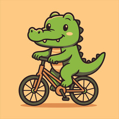 Cute green alligator riding a bicycle, flat vector logo illustration