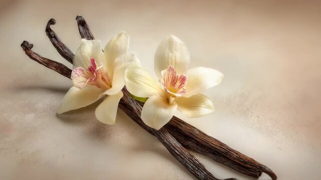 Two fragrant vanilla orchids are displayed alongside whole vanilla beans on a soft, neutral background to inspire culinary creativity
