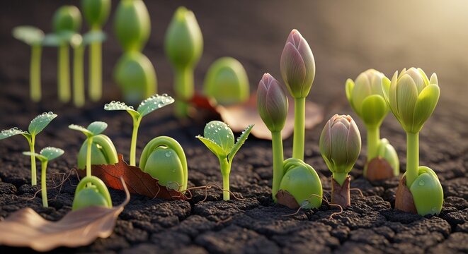 A detailed sequence showing various stages of plant growth, from seeds sprouting in rich soil to young green shoots and colorful flower buds emerging under sunlight.