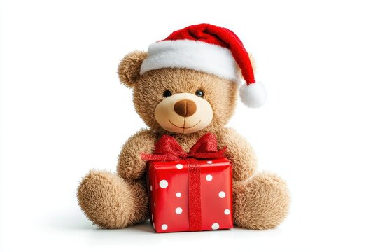 Cute toy bear with christmas gift on white. Cute toy bear with christmas gift and santa hat on white background