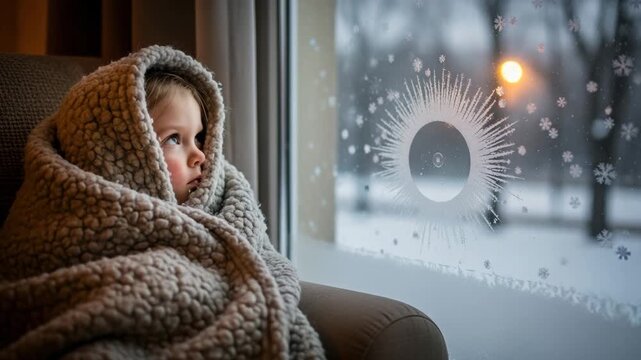 Curious Young Girl Wrapped in Cozy Knit Blanket Gazing Out Snowy Window at Falling Snowflakes, Sunset Glow and Bare Winter Trees