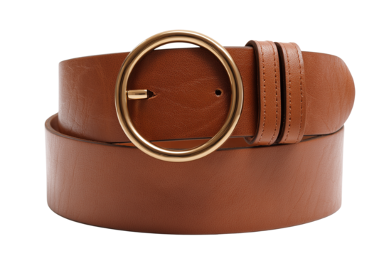 Tan brown wide leather belt featuring a circular buckle for women isolated on transparent White background png