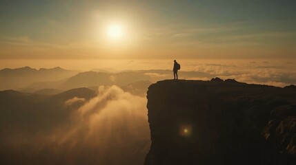 Brave adventurer standing on the edge of a mountain cliff at sunset, inspiring travel, freedom, and personal achievement among stunning mountain views