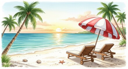 Watercolor depiction of a serene beach scene at sunset, complete with relaxing elements