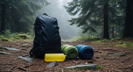 Outdoor hiking gear with backpack, sleeping pads, and water bottle in misty forest.
