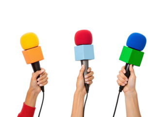 Three hands raising geometric-shaped foam microphones with yellow, red, and blue tops against plain white studio setting, isolated on a transparent background