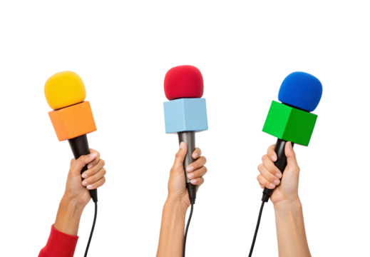 Three hands raising geometric-shaped foam microphones with yellow, red, and blue tops against plain white studio setting, isolated on a transparent background