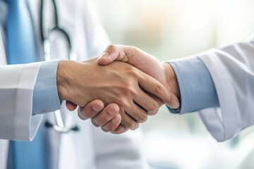 Doctor having shaking hands to congrats with patient after recommend sickness treatment while discussing explaining his symptoms and counsel diagnosis health, healthcare and assistance concept