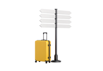 Yellow rolling suitcase beside tall blank directional sign post with multiple white arrows, isolated on a transparent background