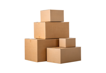 Brown cardboard boxes stacked together in various sizes creating organized shipping package display, isolated on a transparent background