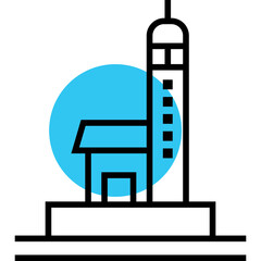 Minimalist Icon of a Tall Building with a Blue Circle in the Background on a White Canvas Representing Architectural Design and Urban Structures