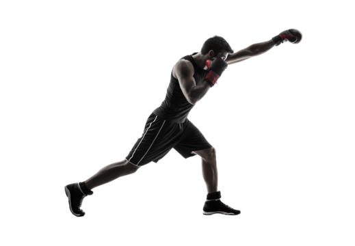 Male boxer in athletic stance executing powerful punch in silhouette with boxing gloves, isolated on a transparent background - Powered by Adobe