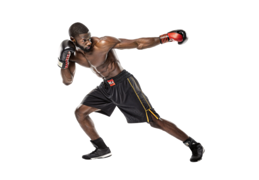 Muscular male boxer throwing dynamic forward punch in fighting stance wearing red gloves, isolated on a transparent background