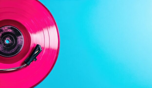 Pink vinyl record on a blue surface with a stylus.