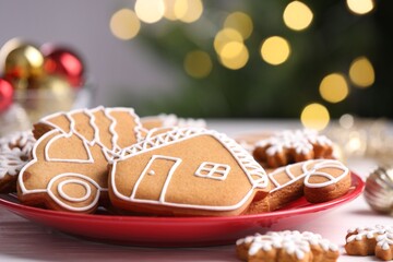 Tasty gingerbread cookies on white wooden table against blurred Christmas lights, closeup