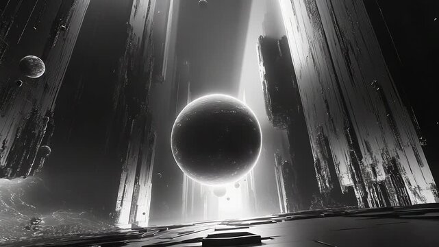 Planets floating between towering sci fi structures in space