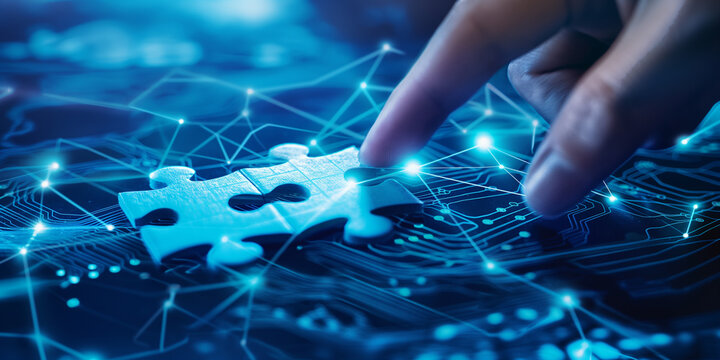Hand place digital puzzle connection innovation technology integration.