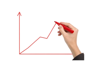 Hand sketching rising graph line, red upward arrow chart, financial growth visualization concept, isolated on a transparent background