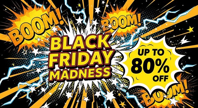 Black friday madness sale with up to 80% off, comic book style