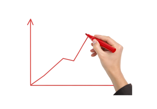 Hand sketching rising graph line, red upward arrow chart, financial growth visualization concept, isolated on a transparent background