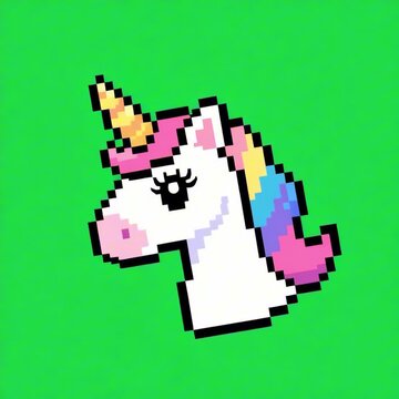 Cute rainbow unicorn head in pixel art style on green screen chroma key background. Adorable 8-bit animation symbolizing fantasy, magic, and imagination, perfect for retro games, stickers