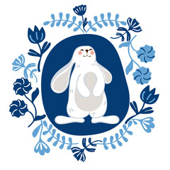 Vector illustration of a cute white rabbit surrounded by a blue floral frame in a rustic style. Perfect for Easter cards, spring decorations, nursery prints or Scandinavian style vector designs.
