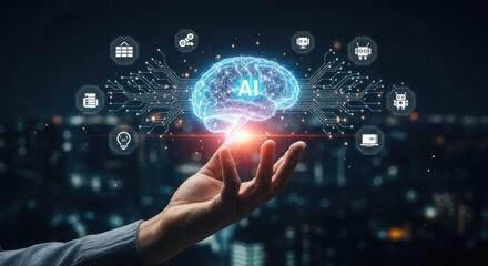 Artificial intelligence digital brain concept held by hand, tech icons, cityscape