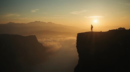 Breathtaking mountain vista at sunrise with lone traveler silhouette, inspiring adventure and exploration, a stunning landscape for travel and outdoor brands