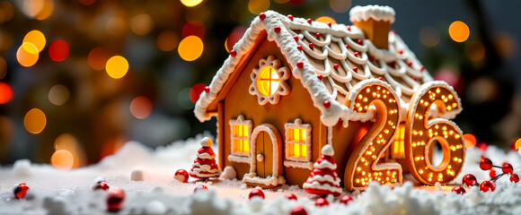 Obraz premium Gingerbread house with New Year numbers 26 on a warm cozy background of colorful blurred lights and bokeh. Festive panoramic banner with copy space, Merry Christmas and Happy Holidays greeting card