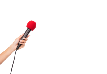 Hand holding microphone with red foam windscreen against clean white space, isolated on a transparent background