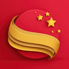 Golden stars and ribbons adorn a red circular design on a red background.