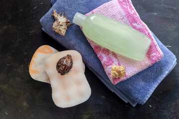 Personal hygiene items for spa, towels on a table close-up