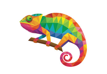 Obraz premium Geometric rainbow colored chameleon with polygonal design on branch with curled tail, isolated on a transparent background