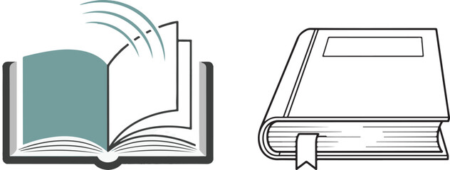 Set of Stylized Book Illustrations: Open with Turning Pages, Closed with Bookmark