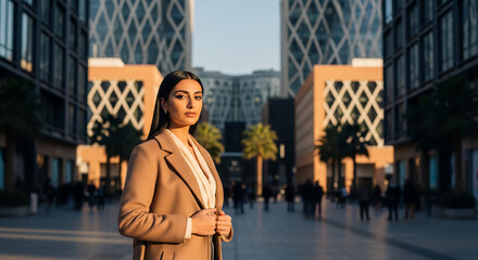 Middle Eastern-style woman wearing a stylish long coat with straight black hair and subtle eyeliner, photographed at a modern city plaza in warm tones with a clean symmetrical contemporary composition