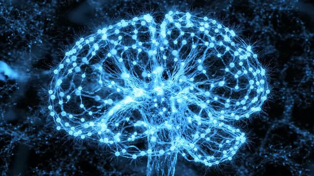 Blue Abstract Visualization Of Neural Network Connections Forming A Brain Shape In A Digital Space With Glowing Nodes And Lines