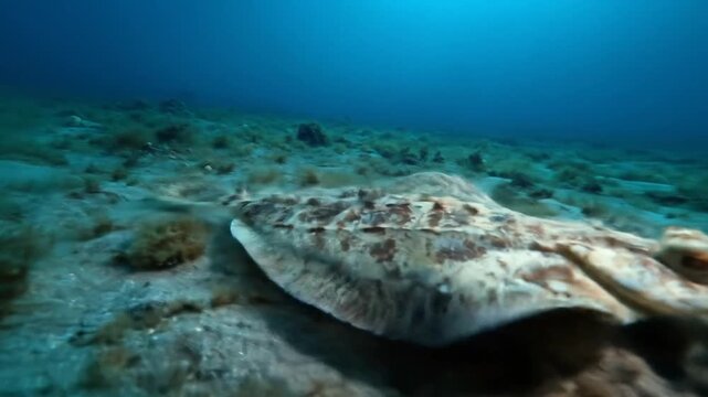 Underwater scene flatfish on sandy seabed in clear blue water