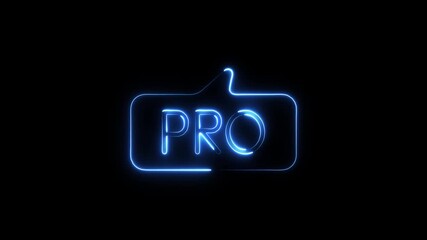 Glowing blue neon P R O text inside a speech bubble shape on a dark background professional service expert advice