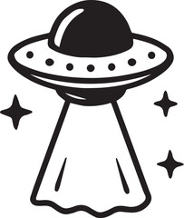A stylized, monochrome illustration of a UFO, exuding an aura of mystery, interstellar travel. The spacecraft hovers, casting an enigmatic beam and accompanied by star.
