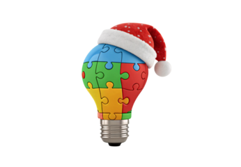 Jigsaw pattern lightbulb with Christmas hat and metal base, isolated on a transparent background