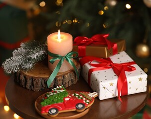Burning candle and festive decor on table near Christmas tree indoors, closeup
