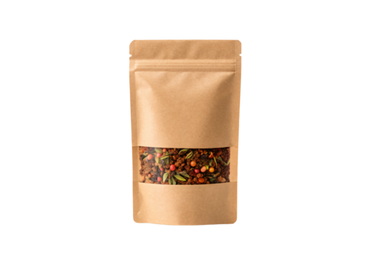 Kraft paper stand-up pouch with clear window displaying colorful mixed peppercorns and spices inside, isolated on a transparent background