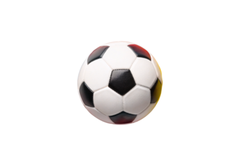 Classic black and white soccer ball with traditional pentagon hexagon pattern on plain white surface, isolated on a transparent background