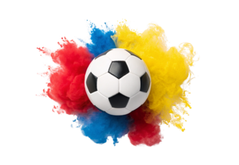 Soccer ball centered among explosive bursts of red blue yellow powder creating dynamic colorful composition, isolated on a transparent background