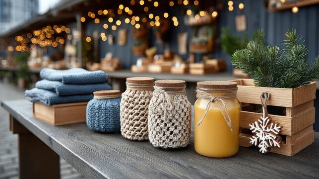 Handmade macramé-wrapped glass jars and beeswax candle with pine sprig in wooden crate on rustic table, folded blue knits, blurred holiday market lights behind. Concept for winter craft fair - Powered by Adobe