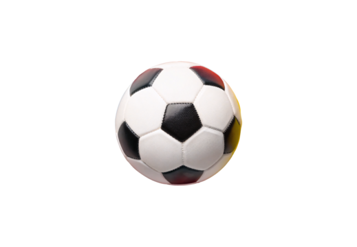 Classic black and white soccer ball with traditional pentagon hexagon pattern on plain white surface, isolated on a transparent background