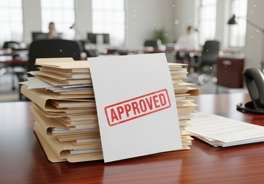 Approved document stack in modern office setting with sunlight