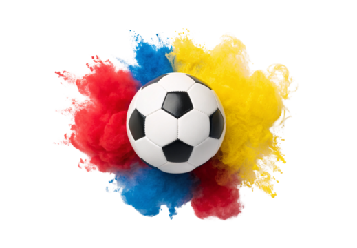 Soccer ball centered among explosive bursts of red blue yellow powder creating dynamic colorful composition, isolated on a transparent background - Powered by Adobe