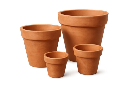 Terracotta pots set showing different sized empty clay flowerpots ready for gardening and planting, transparent background