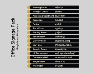 Obraz premium Bilingual office signage vector pack in English and Malayalam. Includes meeting room, pantry, HR, server room, staff only, washroom and more. Editable EPS for business, office, or commercial spaces.